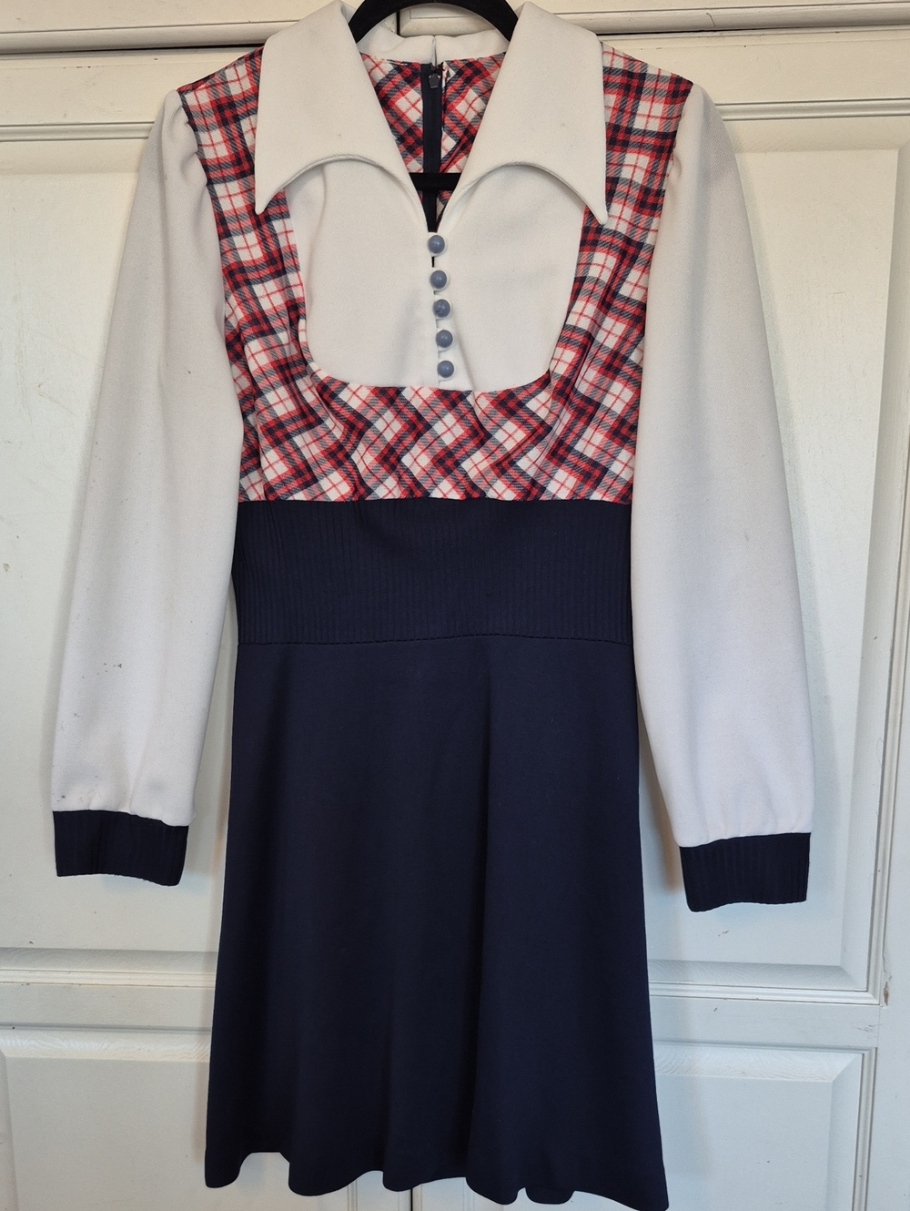 Vintage 70s Long Sleeve Plaid Dress in Red and Navy